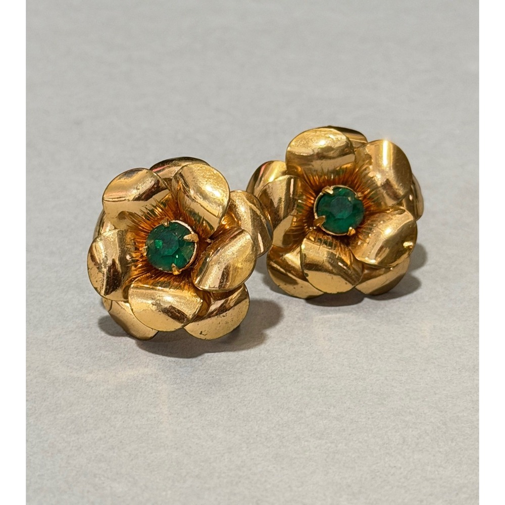 Coro Flower Earrings Women Gold Tone Green Vintage Botanical Screw Back Rose